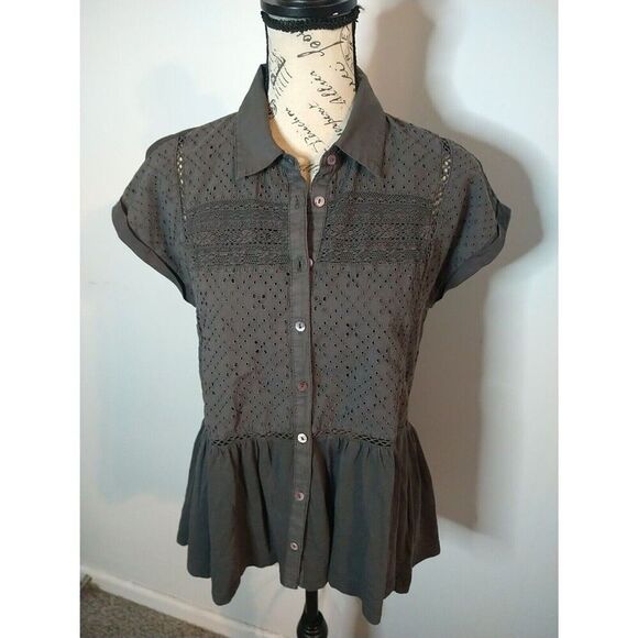 Lucky Brand  Embroidered Collared Button Top Gray Xs Boho Peasant - Picture 1 of 9